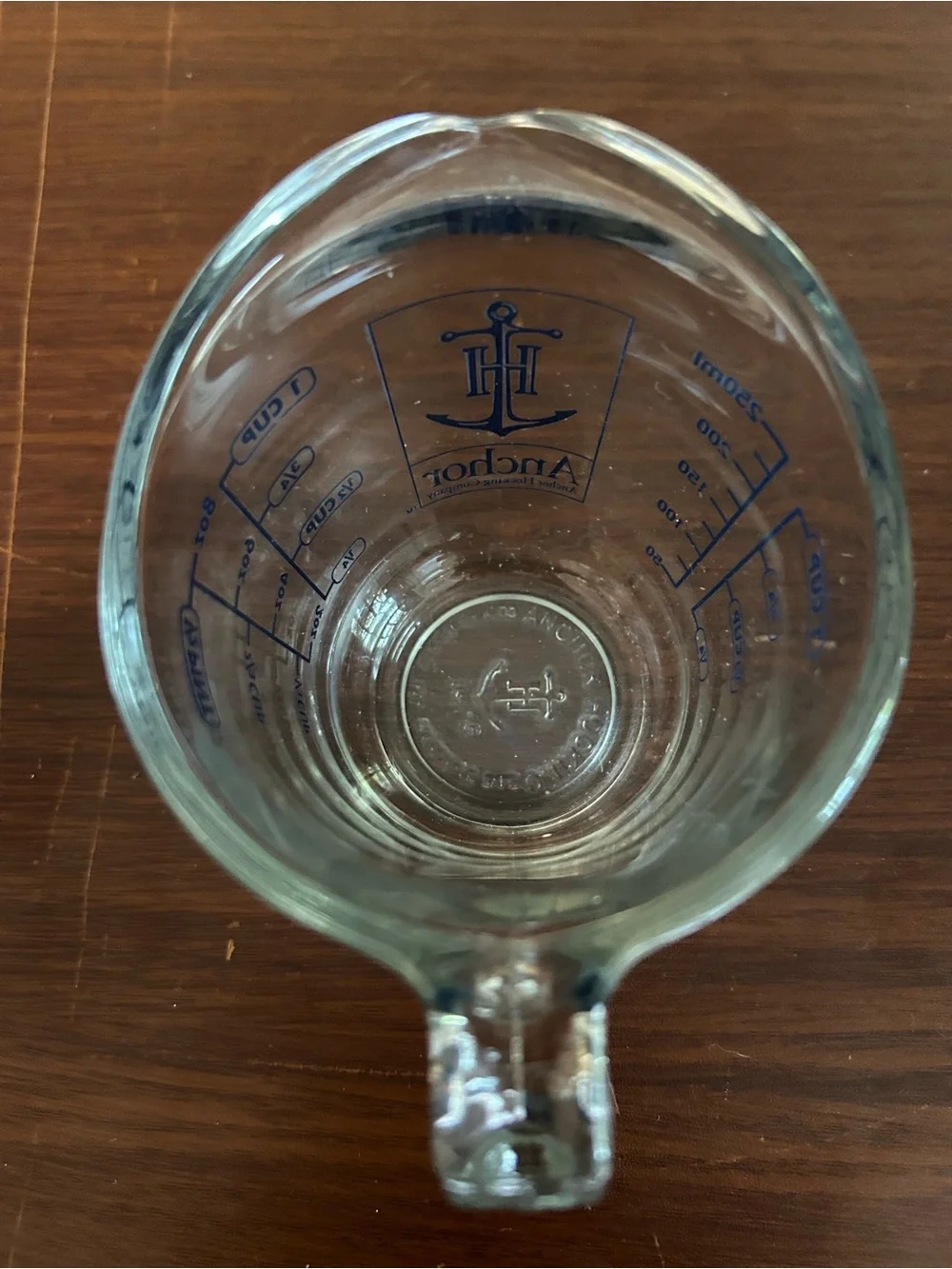 Anchor hocking Clear Glass Measuring Cup with Blue Measurements, one cup size